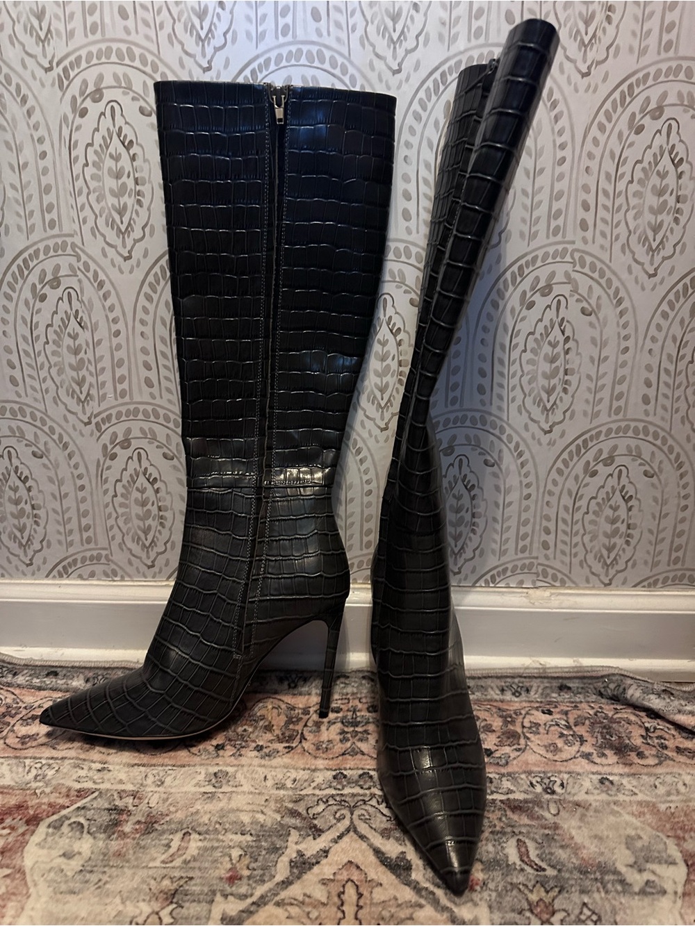 Women's Tony Bianco Grey Croc-Embossed Pointed-Toe Knee Boots